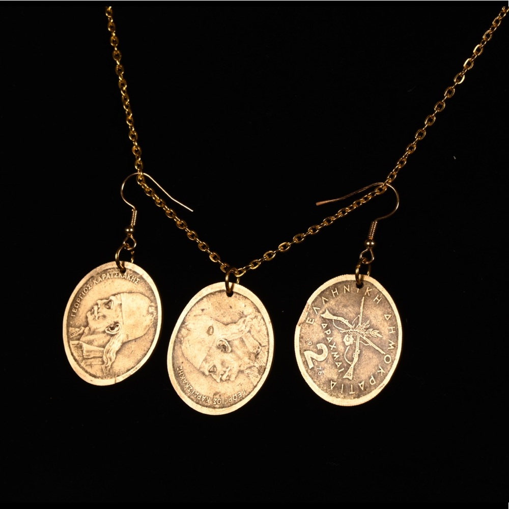 Drachmas smashed by a train Necklace & Earring Set